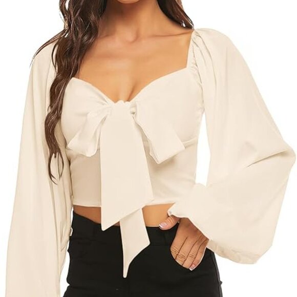 LYANER Tops - LYANER Women's Tie Front Long Sleeve Crop Blouse